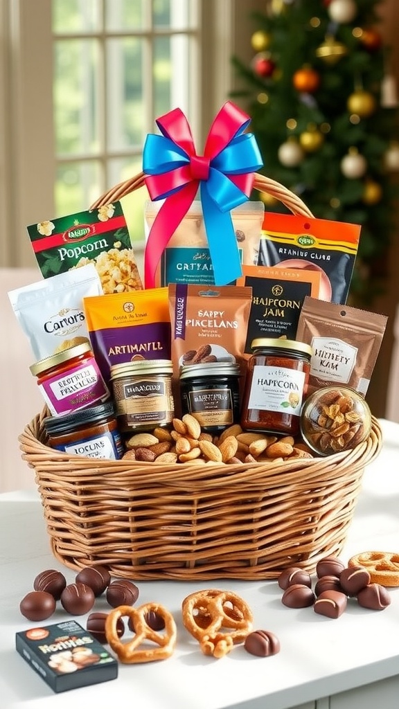 A gourmet snack gift basket filled with mixed nuts, popcorn, chocolates, and jam displayed with a ribbon.
